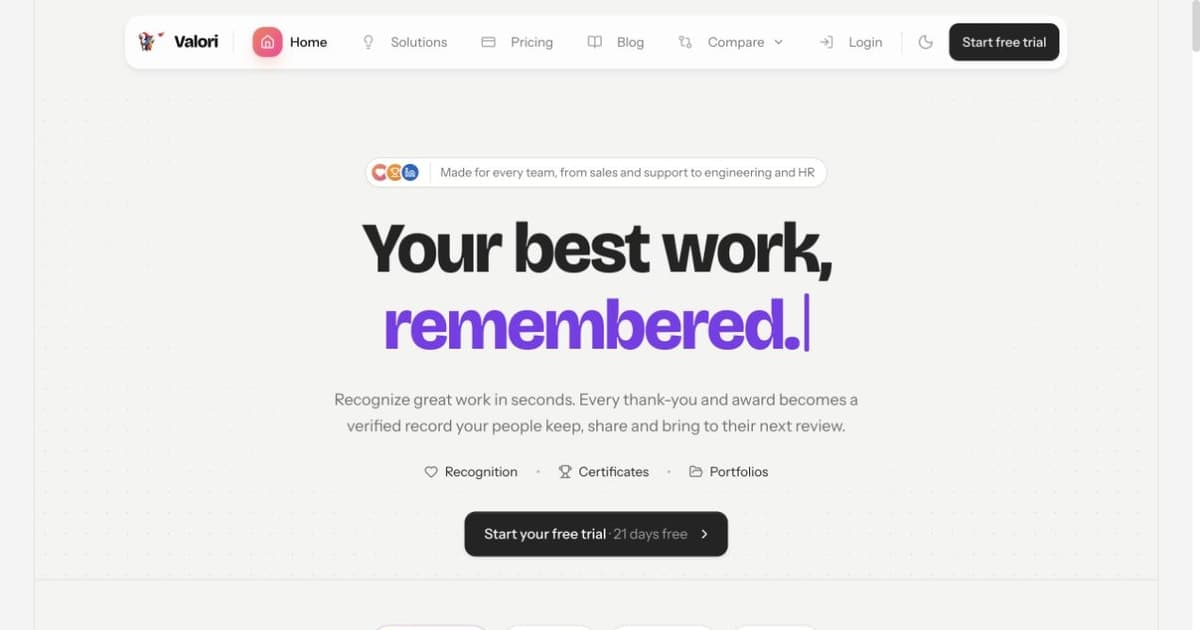 Valori's redesigned light homepage with the headline Your best work, remembered. in bold black and violet type.